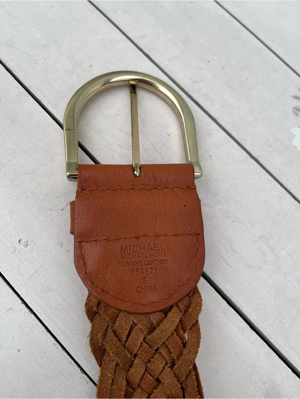 Michael Kors Woven Leather Belt in Cognac Brown with Gold Buckle